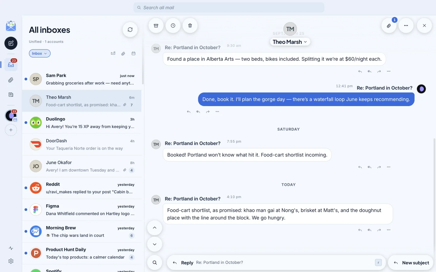 SortaMail on a Mac in the SortaMail Light theme, showing a thread with Theo Marsh.