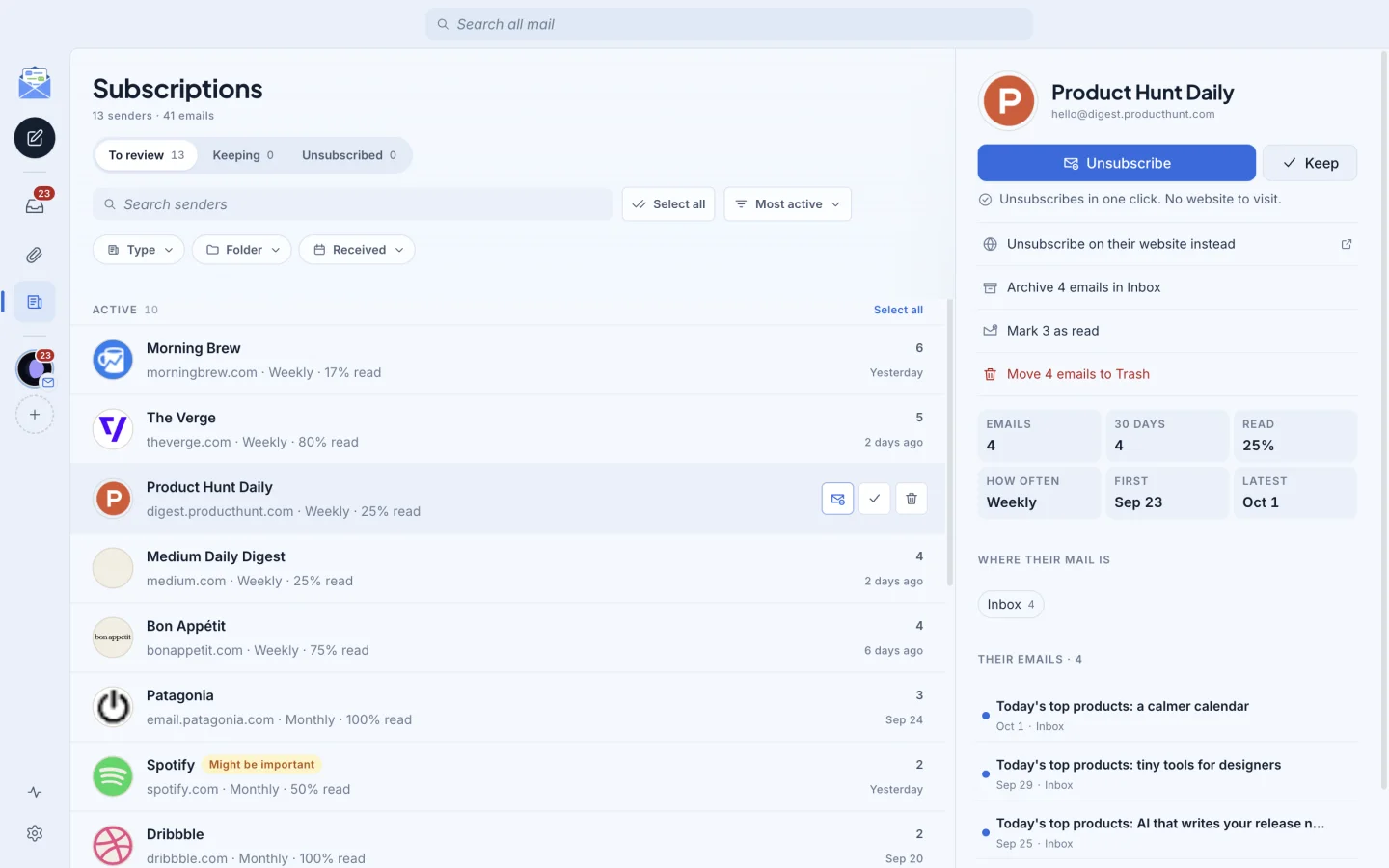 The Newsletter Manager on a Mac, listing newsletters such as Morning Brew, The Verge, and Product Hunt Daily with how often each one sends and how much of it is read.