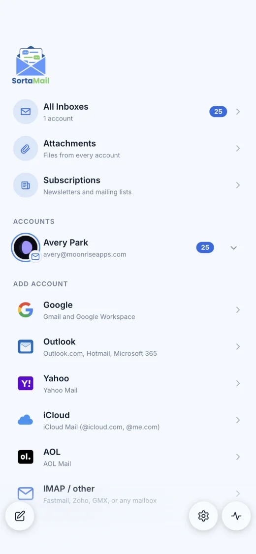 The SortaMail home screen on iPhone, with All Inboxes, Attachments, and Subscriptions at the top, a connected account, and options to add Google, Outlook, Yahoo, iCloud, AOL, or any IMAP account.