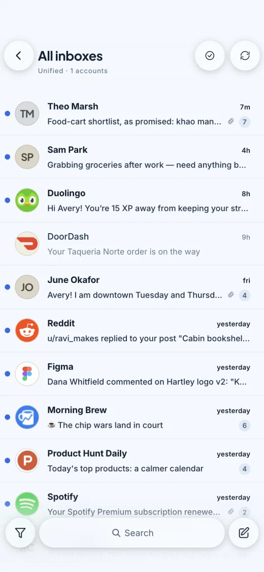 The SortaMail inbox on iPhone. Each row is one person or company, like Theo Marsh, Duolingo, and Morning Brew, with a count of the emails in each thread.
