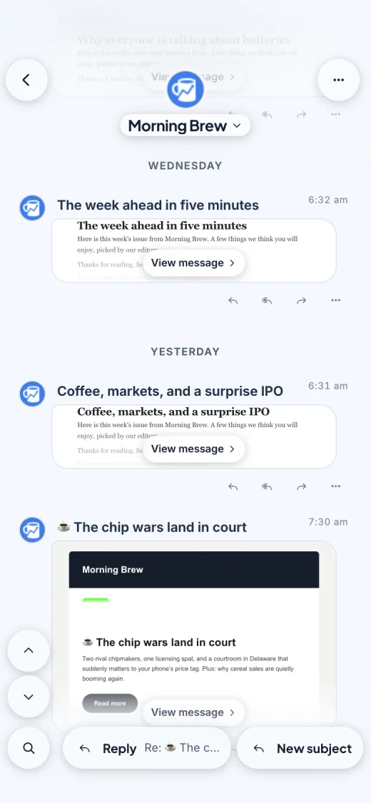 A thread of Morning Brew newsletters on iPhone. Each issue shows as a live preview of the designed email, with a button to view the full message.