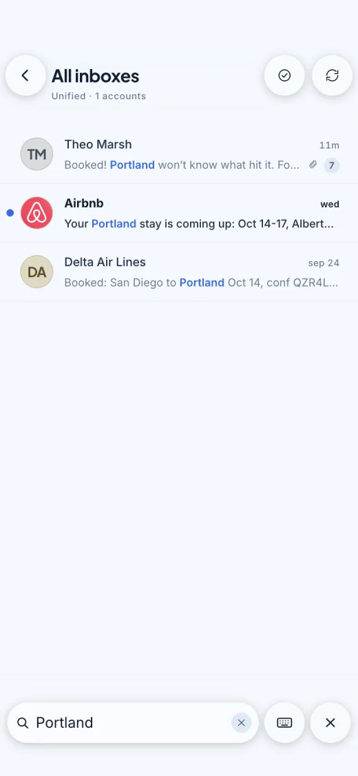 Searching for Portland on iPhone finds three threads, from Theo Marsh, Airbnb, and Delta, with the word Portland highlighted.