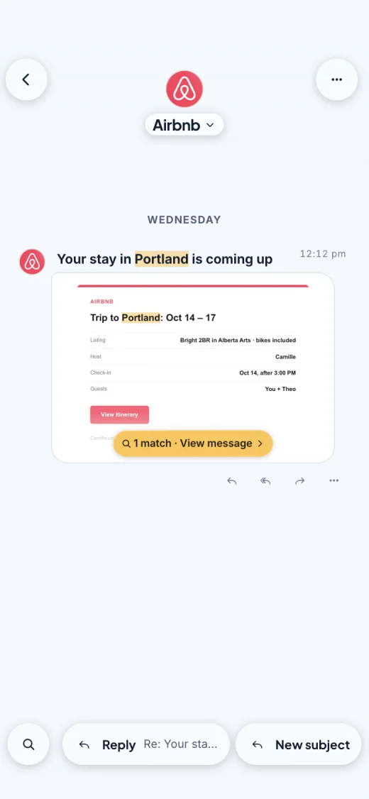 The Airbnb result opened on iPhone, with Portland highlighted in the subject and inside the email's preview.