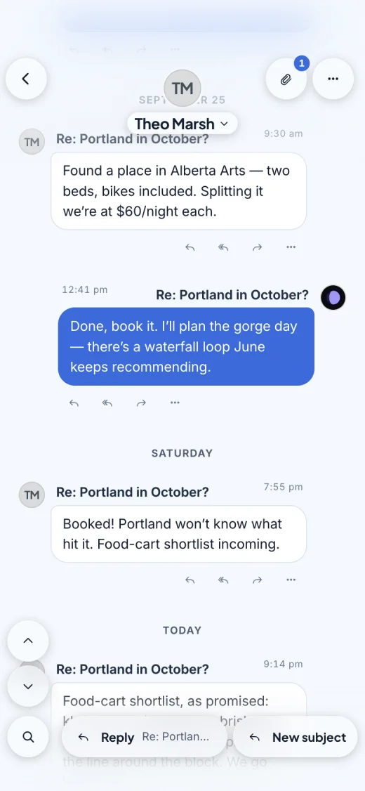 The same thread on iPhone in the SortaMail Light theme.
